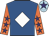 Royal blue, white diamond, orange sleeves, purple stars, light blue cap, purple star