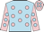 Sky blue, pink spots, pink sleeves, sky blue spots, pink cap, sky blue spots