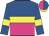 Royal blue and magenta halved horizontally, yellow band and armband, magenta and royal blue halved cap, yellow peak