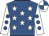 Royal blue, white stars, white sleeves, royal blue spots, quartered cap
