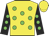 Yellow with Green spots, black sleeves with green spots, yellow cap