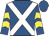 Royal blue, white cross belts, royal blue and yellow chevrons on sleeves