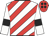 white, red diagonal stripes, black armlets, red cap, black spots