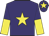 Purple body, yellow star, purple arms, yellow halved, purple cap, yellow star