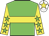 Green body, yellow hoop, yellow arms, green stars, white cap, yellow star