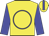 yellow, blue circle, blue arms, blue stripe on cap
