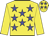 Yellow body, blue stars, yellow arms, yellow cap, blue stars