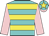 Turquoise and yellow hoops, pink sleeves, turquoise cap, yellow star, pink peak