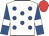 White, royal blue spots, royal blue sleeves, white armlets, red cap