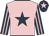 Pink, dark blue star, dark blue and pink striped sleeves, dark blue cap, pink star