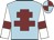 Light blue, maroon cross of lorraine, white sleeves, maroon armlets, light blue and maroon quartered cap