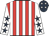 Red and white stripes, white sleeves, dark blue stars, dark blue cap, white stars