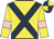 Yellow, dark blue cross belts, yellow sleeves, pink armlets, dark blue and yellow quartered cap
