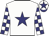 White, navy blue star, checked sleeves, white cap, navy blue star and peak