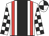 White, red braces, black stripe, white and black checked  sleeves, quartered cap