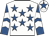 White, royal blue stars, royal blue and white chevrons on sleeves, white cap, royal blue star