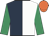 Dark blue and white (halved), emerald green sleeves, orange cap