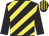 black, yellow diagonal stripes, black sleeves, black cap, yellow stripes