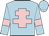 light blue, pink cross of lorraine, light blue sleeves, pink armlets, light blue cap