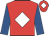 Red, white diamond, royal blue sleeves, red cap, white diamond