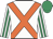 White, orange cross sashes, white & emerald green striped sleeves, emerald green cap