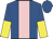 Royal blue, pink stripe, royal blue and yellow halved sleeves