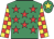 Emerald green, red stars, red and yellow check sleeves, emerald green cap, yellow star