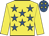 Yellow, royal blue stars, yellow sleeves, royal blue cap, yellow stars