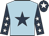 Light blue, dark blue star, dark blue sleeves, white stars, dark blue cap, white star
