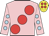 Pink, large red spots, pink sleeves, light blue spots, yellow cap, red spots