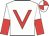 White, red v bib, halved sleeves, quartered cap