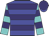 Blue, white, turquoise, purple hoops, hooped sleeves, purple cap, blue peak