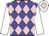 Blue, pink diamonds, white sleeves, white, pink diamond cap