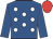 Royal blue, white spots, royal blue sleeves, red cap