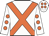 white, orange cross sashes, white sleeves, orange spots, white cap, orange spots
