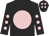 Black body, pink disc, black arms, pink spots, black cap, pink spots