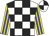White body, black checked, yellow arms, blue striped, white cap, black quartered