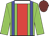 Luminous green, red broad stripe, blue braces, white collar, bright yellow cap