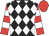 Black and white checked diamonds, red and white hooped sleeves, red cap