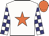 White, orange star, white and navy checked sleeves, orange cap