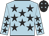 light blue, black stars, black cap with light blue stars