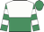 White and  emerald green halved horizontally, emerald green sleeves, white hoops on sleeves, emerald green cap