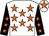 White, orange stars, black sleeves, orange stars, white cap, orange star