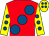 Red, large royal blue spots, yellow sleeves, royal blue spots, yellow cap, royal blue spots