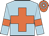 light blue, orange cross, light blue sleeves, orange armlets, orange cap, light blue hoops