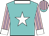 Turquoise, white star, pink and lilac striped sleeves and cap, white collar and cuffs, turquoise peak
