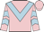 Pink, light blue chevron, pink sleeves, light blue chevrons, pink cap,
