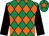 Emerald green and orange diamonds, black sleeves, emerald green cap, orange star