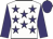 White, purple stars, purple sleeves and cap
