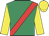 Emerald green, red sash, yellow sleeves and cap